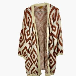 POL Longline Open Cardigan Sweater Aztec Women L‎ Cream & Brown Boho Fall Cozy